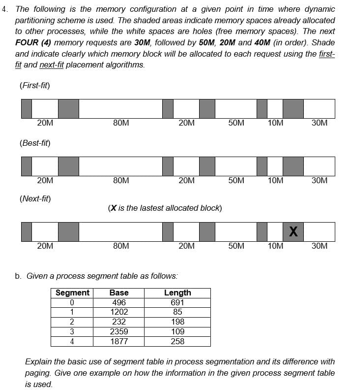 4. The following is the memory configuration at a given point in time where dynamic
partitioning scheme is used. The shaded areas indicate memory spaces already allocated
to other processes, while the white spaces are holes (free memory spaces). The next
FOUR (4) memory requests are 30M, followed by 50M, 20M and 40M (in order). Shade
and indicate clearly which memory block will be allocated to each request using the first-
fit and next-fit placement algorithms.
(First-fit)
20M
(Best-fit)
20M
(Next-fit)
20M
80M
1
2
3
4
80M
80M
b. Given a process segment table as follows:
Segment
0
(X is the lastest allocated block)
20M
Base
496
1202
232
2359
1877
20M
20M
Length
691
85
198
109
258
50M
50M
50M
10M
10M
10M
X
30M
30M
30M
Explain the basic use of segment table in process segmentation and its difference with
paging. Give one example on how the information in the given process segment table
is used.