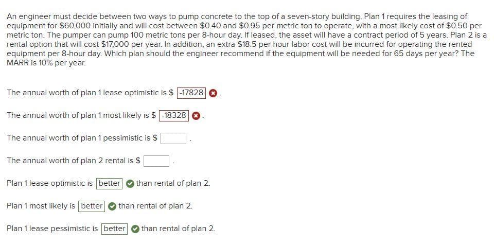 An engineer must decide between two ways to pump concrete to the top of a seven-story building. Plan 1 requires the leasing of
equipment for $60,000 initially and will cost between $0.40 and $0.95 per metric ton to operate, with a most likely cost of $0.50 per
metric ton. The pumper can pump 100 metric tons per 8-hour day. If leased, the asset will have a contract period of 5 years. Plan 2 is a
rental option that will cost $17,000 per year. In addition, an extra $18.5 per hour labor cost will be incurred for operating the rented
equipment per 8-hour day. Which plan should the engineer recommend if the equipment will be needed for 65 days per year? The
MARR is 10% per year.
The annual worth of plan 1 lease optimistic is $-17828
The annual worth of plan 1 most likely is $ -18328
The annual worth of plan 1 pessimistic is $
The annual worth of plan 2 rental is $
Plan 1 lease optimistic is better than rental of plan 2.
Plan 1 most likely is better than rental of plan 2.
Plan 1 lease pessimistic is better than rental of plan 2.