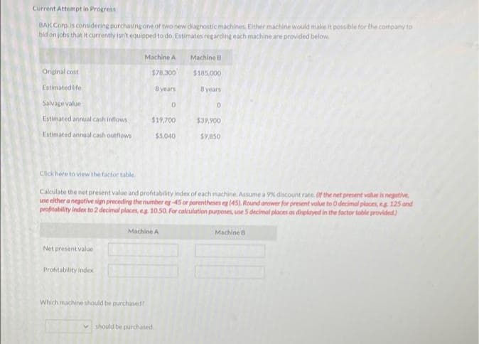 Current Attempt in Progress
BAK Corp. is considering purchasing one of two new diagnostic machines. Either machine would make it possible for the company to
bid on jobs that it currently isn't equipped to do, Estimates regarding each machine are provided below.
Original cost
Estimated life i
Salvage value
Estimated annual cash inflows
Estimated annual cash outflows
Net present value
Machine A
Profitability index
$78,300
Which machine should be purchased?
8 years
$19,700
$5,040
Machine A
0
should be purchased
Click here to view the factor table
Calculate the net present value and profitability index of each machine. Assume a 9% discount rate. Of the net present value is negative,
use either a negative sign preceding the number eg-45 or parentheses eg (45). Round answer for present value to O decimal places, s 125 and
profitability index to 2 decimal places, eg. 10.50. For calculation purposes, use 5 decimal places as displayed in the factor table provided)
Machine B
$185,000
8 years
0
$39,900
$9,850
Machine B
