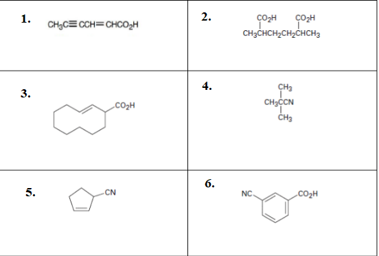 1.
2.
CO2H
co,H
CH,C= CCH=CHCO2H
CH3CHCH2CH2CHCH3
4.
CH3
CH3CN
3.
CO2H
5.
CN
NC
.CO2H
6.
