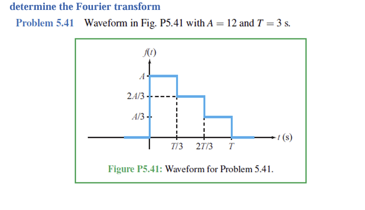 determine the Fourier transform
T
Problem 5.41 Waveform in Fig. P5.41 with A = 12 and 7 = 3 s.
f(t)
24/3
A/3--
T/3 27/3 T
Figure P5.41: Waveform for Problem 5.41.
t(s)