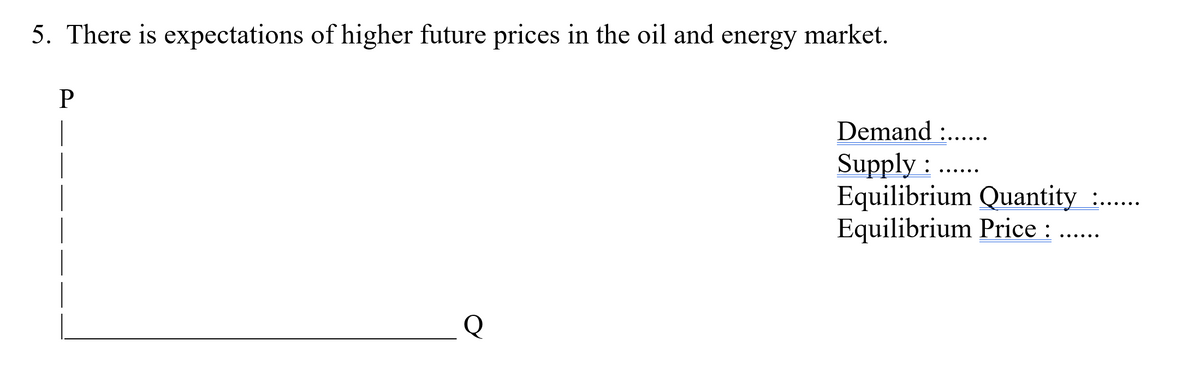 5. There is expectations of higher future prices in the oil and energy market.
P
Demand ....
Supply : ......
Equilibrium Quantity:.......
Equilibrium Price : ......