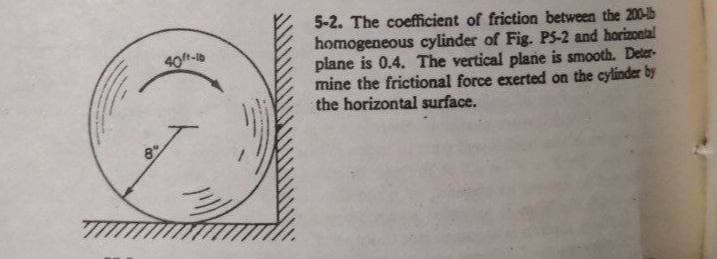 5-2. The coefficient of friction between the 200-5
homogeneous cylinder of Fig. PS-2 and horizontal
plane is 0.4. The vertical plane is smooth. Deter-
mine the frictional force exerted on the cylinder by
the horizontal surface.
40ft-b
