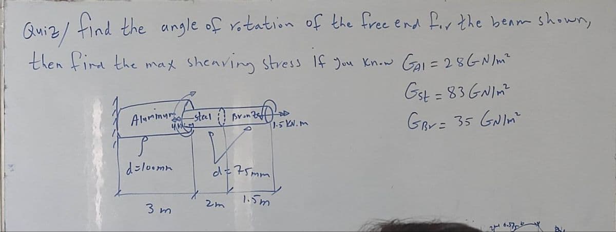 Quiz/
find the angle of rotation of the free end for the beam shown,
then find the max sheaving stress If you know GAI = 28 GN/m²
Gst=83 GN1m²
GBV = 35 GN/m²
Aluminum steel Bronzer Do
d=100mm
3m
d=75mm
2m
1.5m
1.5 KN.m