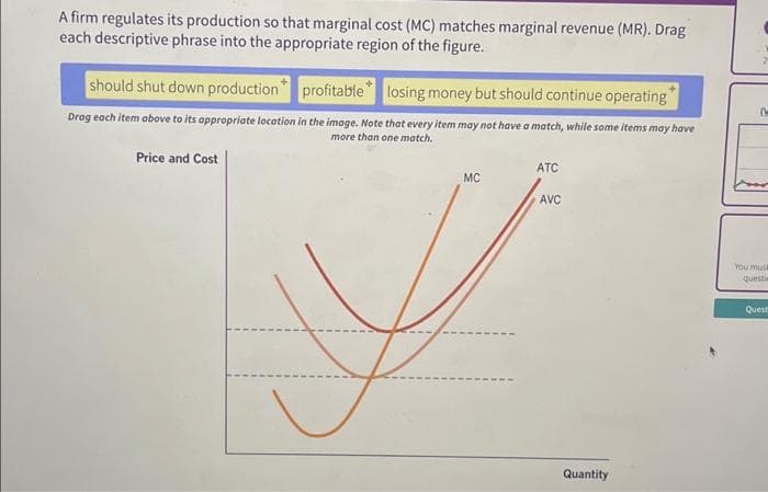A firm regulates its production so that marginal cost (MC) matches marginal revenue (MR). Drag
each descriptive phrase into the appropriate region of the figure.
should shut down production profitable losing money but should continue operating
Drag each item above to its appropriate location in the image. Note that every item may not have a match, while some items may have
more than one match.
Price and Cost
MC
ATC
AVC
Quantity
(M
You must
questia
Quest