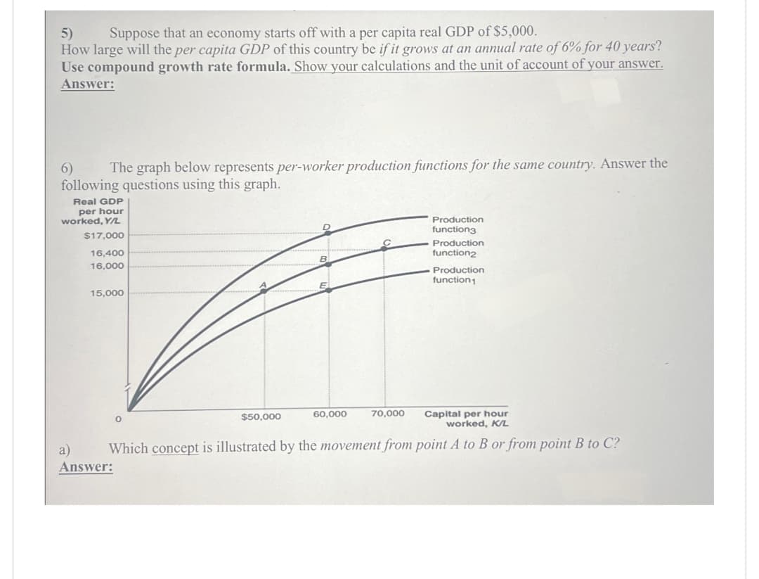 5)
Suppose that an economy starts off with a per capita real GDP of $5,000.
How large will the per capita GDP of this country be if it grows at an annual rate of 6% for 40 years?
Use compound growth rate formula. Show your calculations and the unit of account of your answer.
Answer:
6)
The graph below represents per-worker production functions for the same country. Answer the
following questions using this graph.
Real GDP
per hour
worked, Y/L
$17,000
16,400
16,000
15,000
Production
function3
B
Production
function2
E
Production
function1
a)
Answer:
$50,000
60,000
70,000
Capital per hour
worked, K/L
Which concept is illustrated by the movement from point A to B or from point B to C?