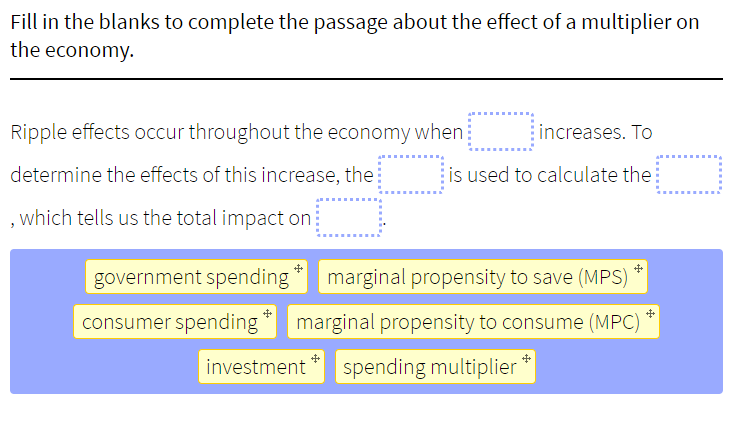 Fill in the blanks to complete the passage about the effect of a multiplier on
the economy.
Ripple effects occur throughout the economy when
determine the effects of this increase, the
, which tells us the total impact on
increases. To
is used to calculate the
++
government spending marginal propensity to save (MPS)
consumer spending marginal propensity to consume (MPC)
investment spending multiplier
