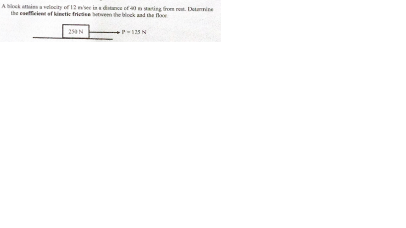 A block attains a velocity of 12 m/sec in a distance of 40 m starting from rest. Determine
the coefficient of kinetic frietion between the block and the floor.
250 N
P-125 N

