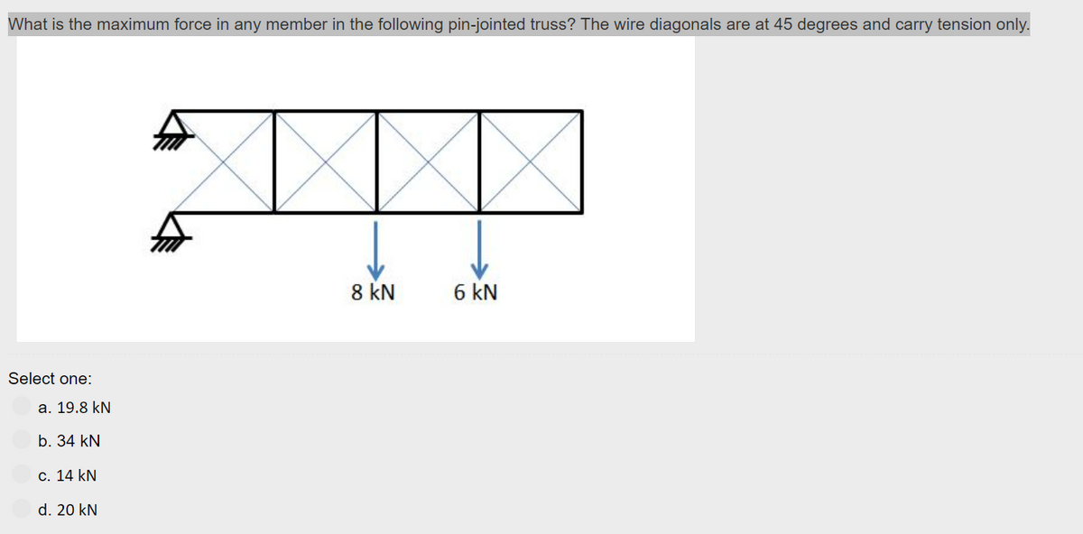 What is the maximum force in any member in the following pin-jointed truss? The wire diagonals are at 45 degrees and carry tension only.
Select one:
a. 19.8 kN
b. 34 kN
c. 14 kN
d. 20 kN
8 kN
6 kN