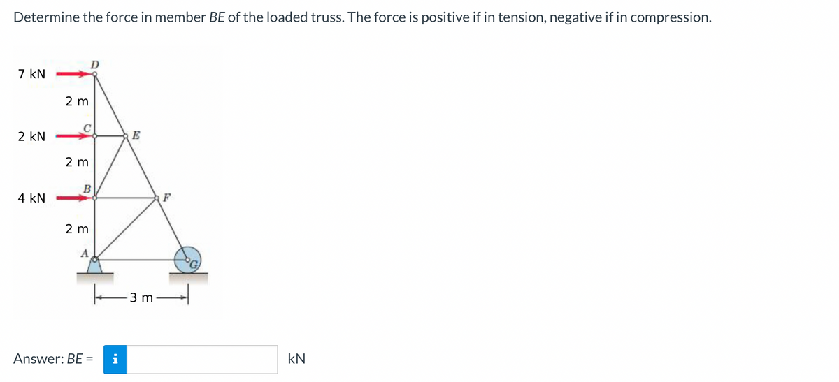 Determine the force in member BE of the loaded truss. The force is positive if in tension, negative if in compression.
D
7 kN
2 m
2 kN
E
2 m
4 kN
F
2 m
A
-3 m
Answer: BE =
i
kN
