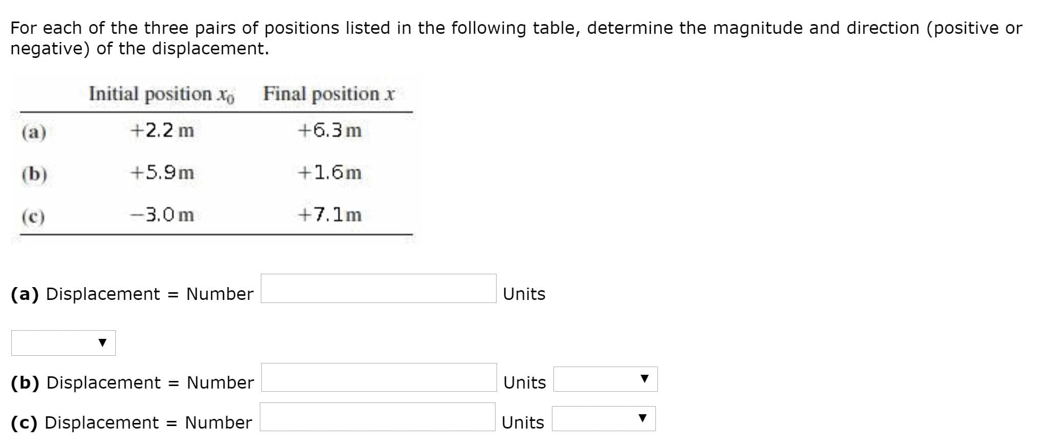 For each of the three pairs of positions listed in the following table, determine the magnitude and direction (positive or
negative) of the displacement.
Initial position xo
Final position x
+2.2 m
+6.3m
(a)
+5.9m
+1.6m
(b)
-3.0 m
+7.1m
(c)
(a) Displacement
Number
Units
%3D
(b) Displacement
Number
Units
(c) Displacement = Number
Units

