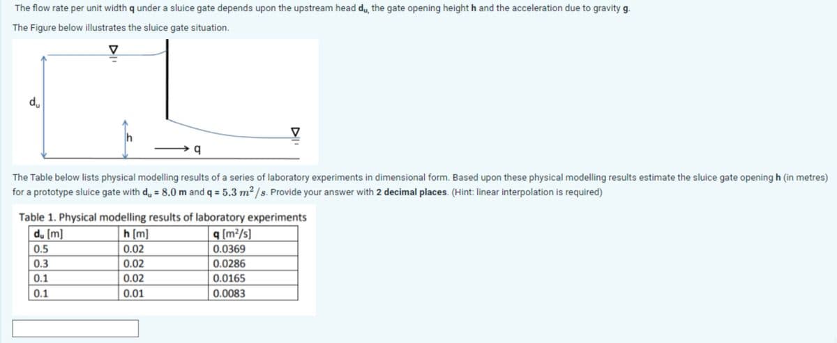 The flow rate per unit width q under a sluice gate depends upon the upstream head du, the gate opening height h and the acceleration due to gravity g.
The Figure below illustrates the sluice gate situation.
du
q
The Table below lists physical modelling results of a series of laboratory experiments in dimensional form. Based upon these physical modelling results estimate the sluice gate opening h (in metres)
for a prototype sluice gate with d₁ = 8.0 m and q = 5.3 m²/s. Provide your answer with 2 decimal places. (Hint: linear interpolation is required)
Table 1. Physical modelling results of laboratory experiments
du [m]
h [m]
q [m²/s]
0.5
0.02
0.0369
0.3
0.02
0.0286
0.1
0.02
0.0165
0.1
0.01
0.0083