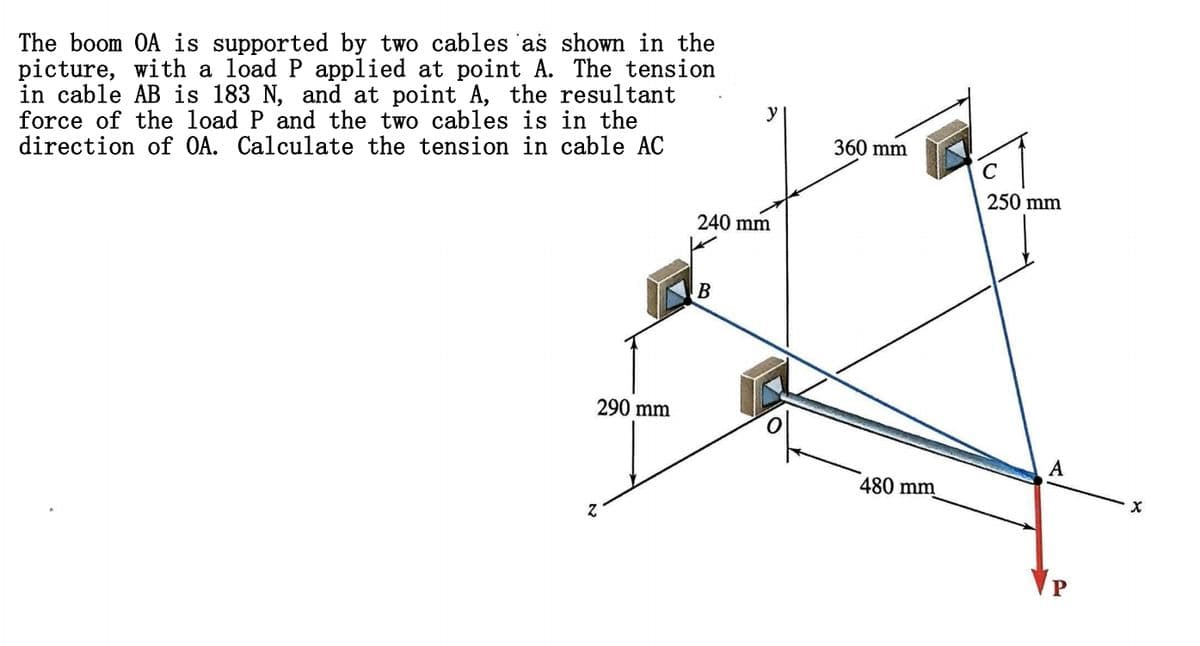 The boom OA is supported by two cables as shown in the
picture, with a load P applied at point A. The tension
in cable AB is 183 N, and at point A, the resultant
force of the load P and the two cables is in the
direction of OA. Calculate the tension in cable AC
240 mm
B
360 mm
250 mm
105
290 mm
480 mm
A
x