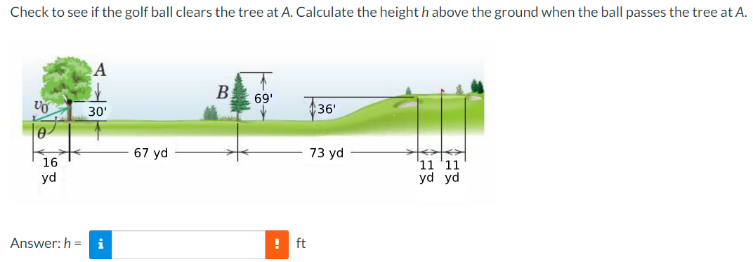 Check to see if the golf ball clears the tree at A. Calculate the height h above the ground when the ball passes the tree at A.
VO
0
16
yd
A
30'
Answer: h= i
67 yd
B
69'
! ft
36'
73 yd
11 '11
yd yd