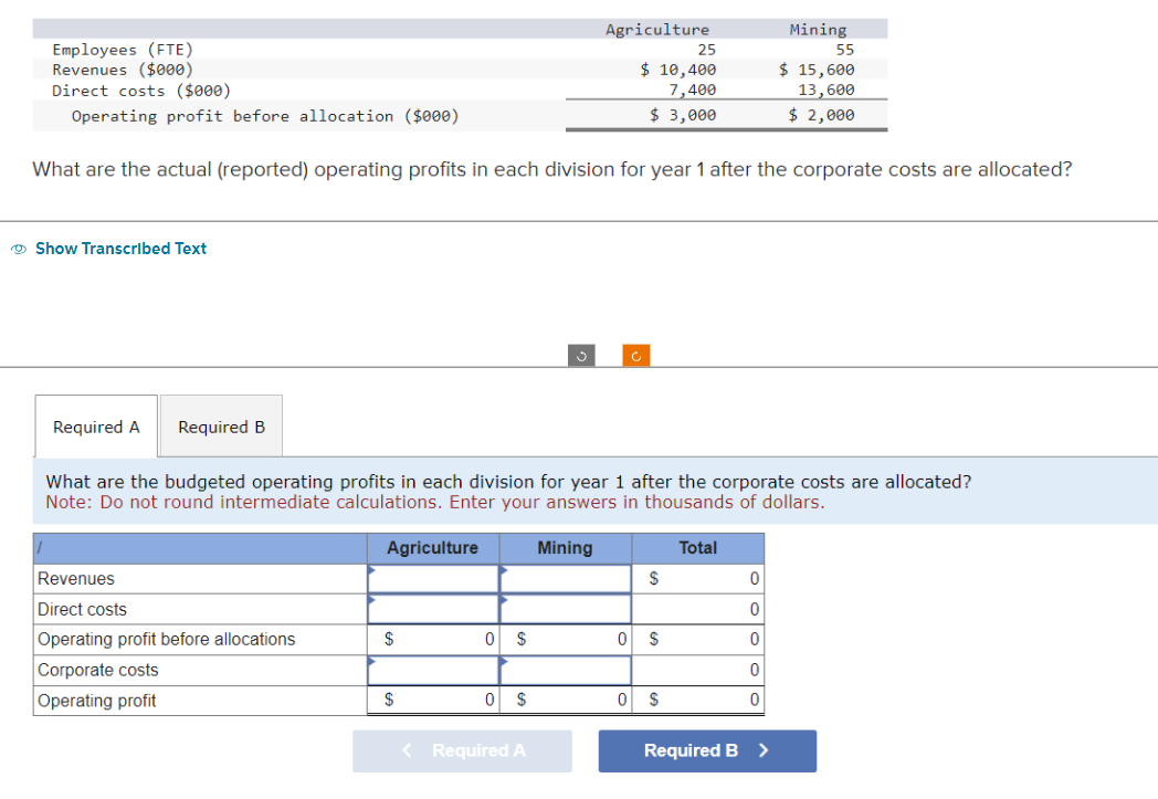 Employees (FTE)
Revenues ($000)
Direct costs ($000)
Operating profit before allocation ($000)
Show Transcribed Text
What are the actual (reported) operating profits in each division for year 1 after the corporate costs are allocated?
Required A Required B
Revenues
Direct costs
Operating profit before allocations
Corporate costs
Operating profit
What are the budgeted operating profits in each division for year 1 after the corporate costs are allocated?
Note: Do not round intermediate calculations. Enter your answers in thousands of dollars.
Mining
Agriculture
$
$
0
$
Agriculture
25
$ 10,400
7,400
$ 3,000
0 $
< Required A
S
0 $
0 $
Total
Mining
55
$ 15,600
13,600
$ 2,000
0
0
0
0
0
Required B >