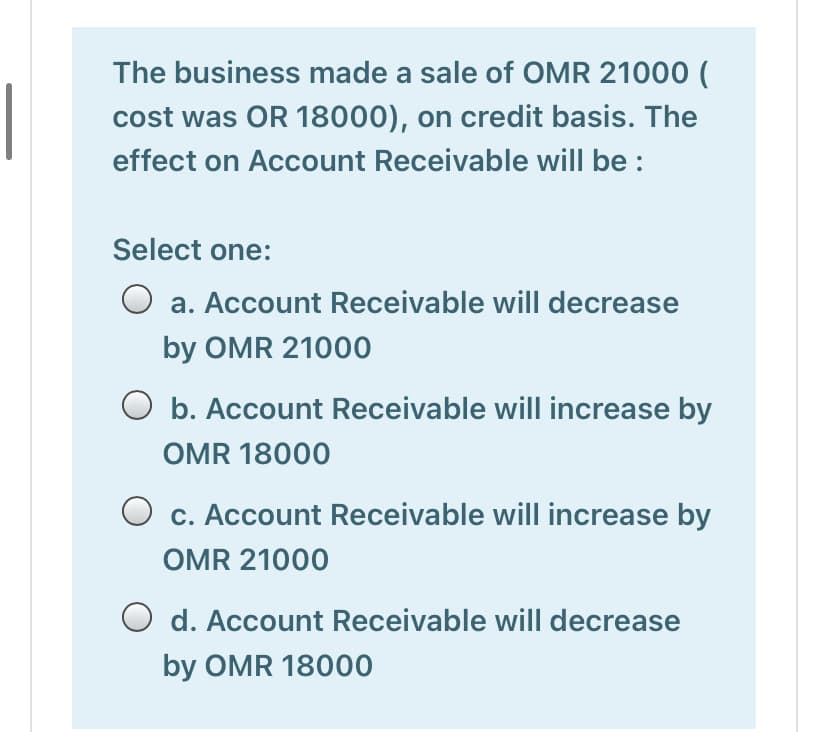 The business made a sale of OMR 21000 (
|
cost was OR 18000), on credit basis. The
effect on Account Receivable will be :
Select one:
O a. Account Receivable will decrease
by OMR 21000
O b. Account Receivable will increase by
OMR 18000
O c. Account Receivable will increase by
OMR 21000
O d. Account Receivable will decrease
by OMR 18000
