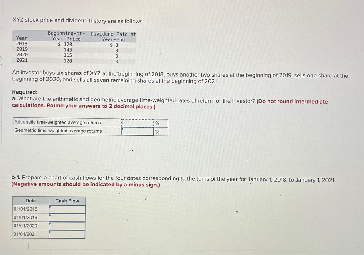 XYZ stock price and dividend history are as follows:
Dividend Paid at
Year-End
$ 3
3
3
3
Year
2018
2019
2020
2021
Beginning-of-
Year Price
$ 120
145
115
120
An investor buys six shares of XYZ at the beginning of 2018, buys another two shares at the beginning of 2019, sells one share at the
beginning of 2020, and sells all seven remaining shares at the beginning of 2021.
Required:
a. What are the arithmetic and geometric average time-weighted rates of return for the investor? (Do not round intermediate
calculations. Round your answers to 2 decimal places.)
Arithmetic time-weighted average returns
Geometric time-weighted average returns
Date
01/01/2018
01/01/2019
01/01/2020
01/01/2021
b-1. Prepare a chart of cash flows for the four dates corresponding to the turns of the year for January 1, 2018, to January 1, 2021.
(Negative amounts should be indicated by a minus sign.)
%
%
Cash Flow
