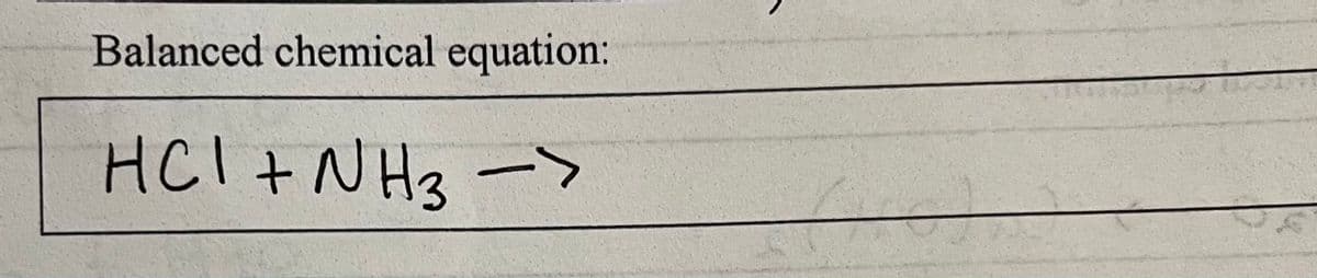 Balanced chemical equation:
HCI + NH3 ->