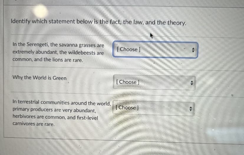 Identify which statement below is the fact, the law, and the theory.
In the Serengeti, the savanna grasses are
extremely abundant, the wildebeests are
common, and the lions are rare.
Why the World is Green
In terrestrial communities around the world,
primary producers are very abundant,
herbivores are common, and first-level
carnivores are rare.
[Choose ]
[Choose]
[Choose]
47