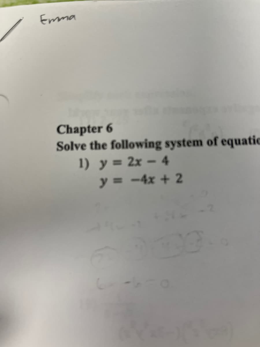 Emma
Chapter 6
Solve the following system of equatio
1) y = 2x-4
y = -4x+2