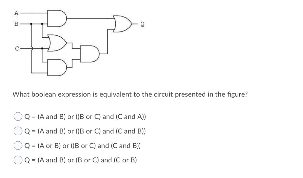 A
B
What boolean expression is equivalent to the circuit presented in the figure?
Q = (A and B) or ((B or C) and (C and A))
Q = (A and B) or ((B or C) and (C and B))
Q = (A or B) or ((B or C) and (C and B))
Q = (A and B) or (B or C) and (C or B)
%3D
C.
