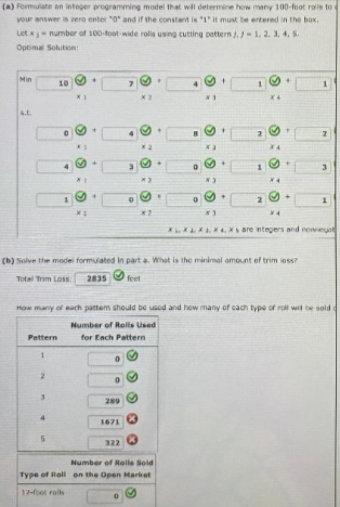 (a) Formulate an integer programming model that will determine how many 100-foot rolls to
your answer is zero enter "0" and if the constant is "1" it must be entered in the box.
Let x-number of 100-foot-wide rolls using cutting pattern/./- 1, 2, 3, 4, 5.
Optimal Solution
Min
4.L.
Pattern
10
1
X1
2
S
+
289
1671
©* ©
322
*2
Ⓡ3
→
0
©
Number of Rolls Sold
Type of Roll on the Open Market
12-foot rolls
*3
*3
>
*3
+
(b) Solve the model formulated In part a. What is the minimal amount of trim loss?
Total Trim Loss
2835 feet
1
How many of each pattern should be used and how many of cach type of roll will be sold a
Number of Rolls Used
for Each Pattern
2
X4
34
X4
X4
XXX, X, Xs are integers and nonnegat