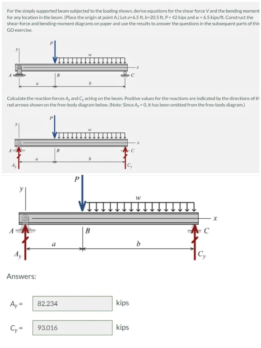 For the simply supported beam subjected to the loading shown, derive equations for the shear force V and the bending moment
for any location in the beam. (Place the origin at point A.) Let a=6.5 ft, b=20.5 ft, P = 42 kips and w = 6.5 kips/ft. Construct the
shear-force and bending-moment diagrams on paper and use the results to answer the questions in the subsequent parts of this
GO exercise.
A
Ay
Calculate the reaction forces Ay and Cy acting on the beam. Positive values for the reactions are indicated by the directions of th
red arrows shown on the free-body diagram below. (Note: Since Ax = 0, it has been omitted from the free-body diagram.)
Answers:
Ay=
a
Cy=
B
B
a
82.234
93.016
b
P
b
B
C₂
kips
C
kips
W
b
Cy
