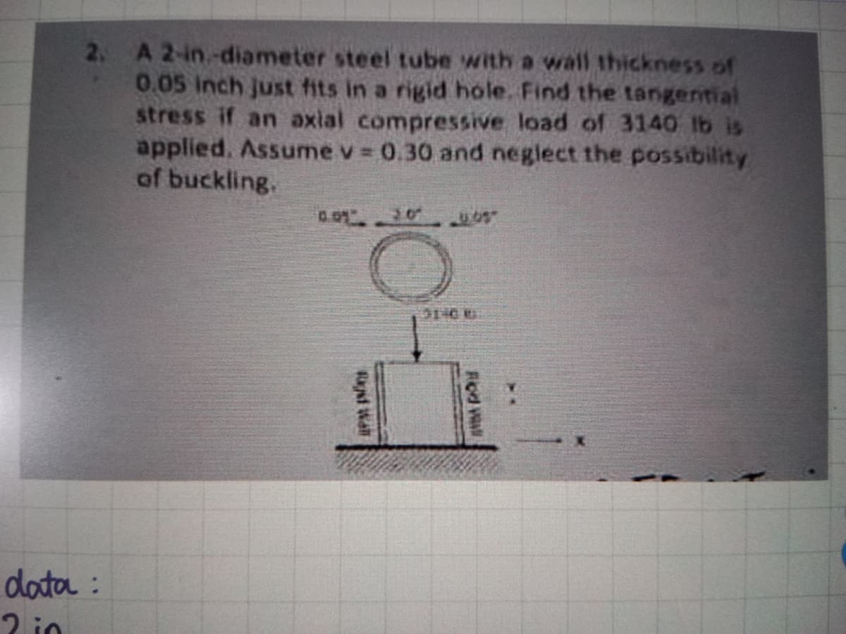 2. A 2-in.-diameter steel tube with a wall thickness of
0.05 inch just fits in a rigid hole. Find the tangential
stress if an axial compressive load of 3140 lb is
applied. Assume v=0.30 and neglect the possibility
of buckling.
data:
2 in
Rod Wall
Rod Vill