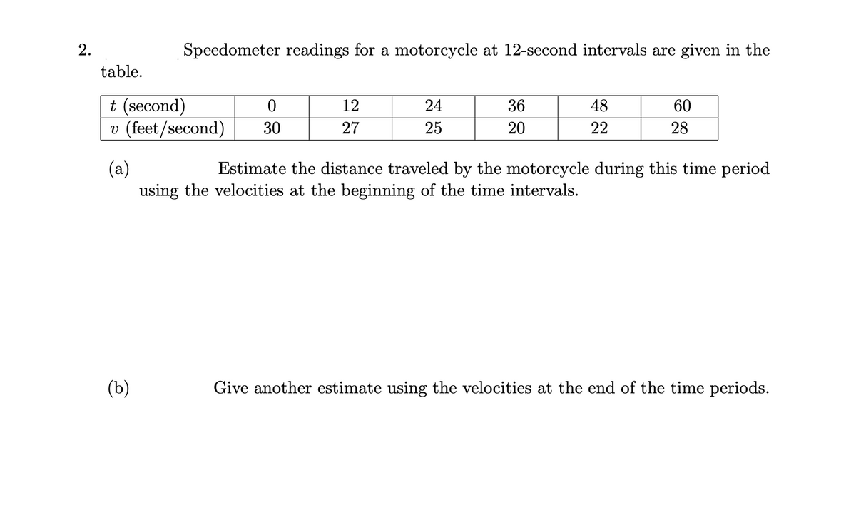 2.
table.
Speedometer readings for a motorcycle at 12-second intervals are given in the
t (second)
0
v (feet/second) 30
(a)
(b)
12
27
24
25
36
20
48
22
60
28
Estimate the distance traveled by the motorcycle during this time period
using the velocities at the beginning of the time intervals.
Give another estimate using the velocities at the end of the time periods.