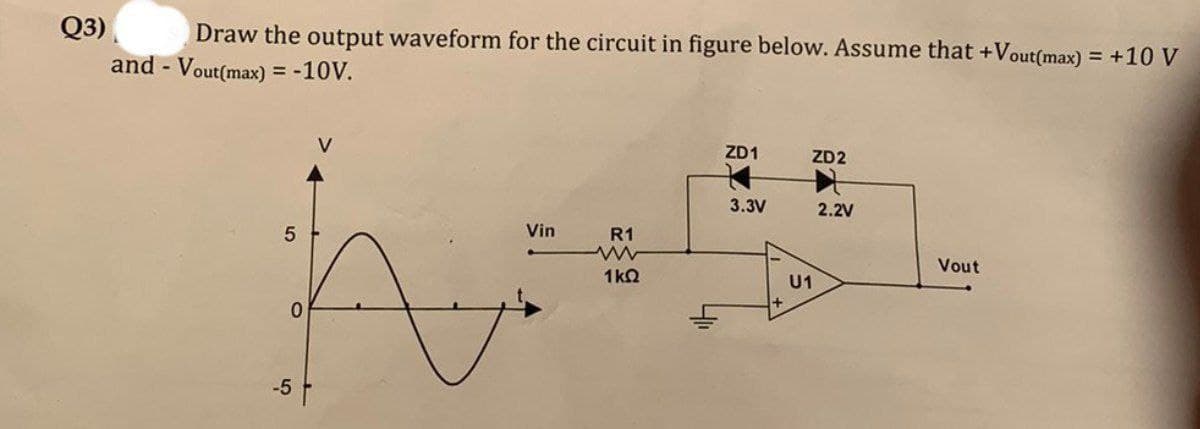 Q3)
Draw the output waveform for the circuit in figure below. Assume that +Vout(max) = +10 V
and - Vout(max) = -10V.
ZD1
ZD2
Vin
R1
5
Vout
1kQ
-5
0
3.3V
U1
+
2.2V
