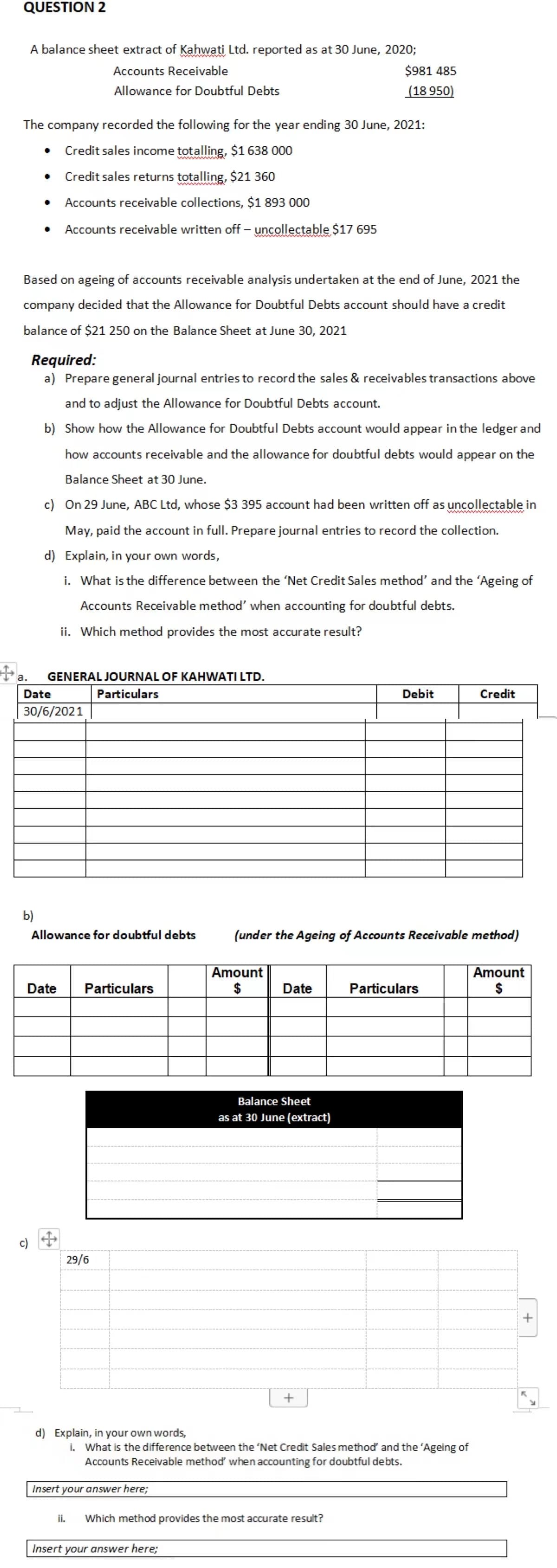 QUESTION 2
A balance sheet extract of Kahwati Ltd. reported as at 30 June, 2020;
Accounts Receivable
$981 485
Allowance for Doubtful Debts
(18 950)
The company recorded the following for the year ending 30 June, 2021:
Credit sales income totalling, $1 638 000
ewwwww
Credit sales returns totalling, $21 360
ww ww
Accounts receivable collections, $1 893 000
Accounts receivable written off – uncollectable $17 695
|
Based on ageing of accounts receivable analysis undertaken at the end of June, 2021 the
company decided that the Allowance for Doubtful Debts account should have a credit
balance of $21 250 on the Balance Sheet at June 30, 2021
Required:
a) Prepare general journal entries to record the sales & receivables transactions above
and to adjust the Allowance for Doubtful Debts account.
b) Show how the Allowance for Doubtful Debts account would appear in the ledger and
how accounts receivable and the allowance for doubtful debts would appear on the
Balance Sheet at 30 June.
c) On 29 June, ABC Ltd, whose $3 395 account had been written off as uncollectable in
www www ww
May, paid the account in full. Prepare journal entries to record the collection.
d) Explain, in your own words,
i. What is the difference between the 'Net Credit Sales method' and the 'Ageing of
Accounts Receivable method' when accounting for doubtful debts.
ii. Which method provides the most accurate result?
a.
GENERAL JOURNAL OF KAHWATI LTD.
Date
Particulars
Debit
Credit
30/6/2021
b)
Allowance for doubtful debts
(under the Ageing of Accounts Receivable method)
Amount
Amount
Date
Particulars
$
Date
Particulars
Balance Sheet
as at 30 June (extract)
c)
29/6
d) Explain, in your own words,
i. What is the difference between the 'Net Credit Sales method and the 'Ageing of
Accounts Receivable method when accounting for doubtful debts.
Insert your answer here;
ii.
Which method provides the most accurate result?
Insert your answer here;
