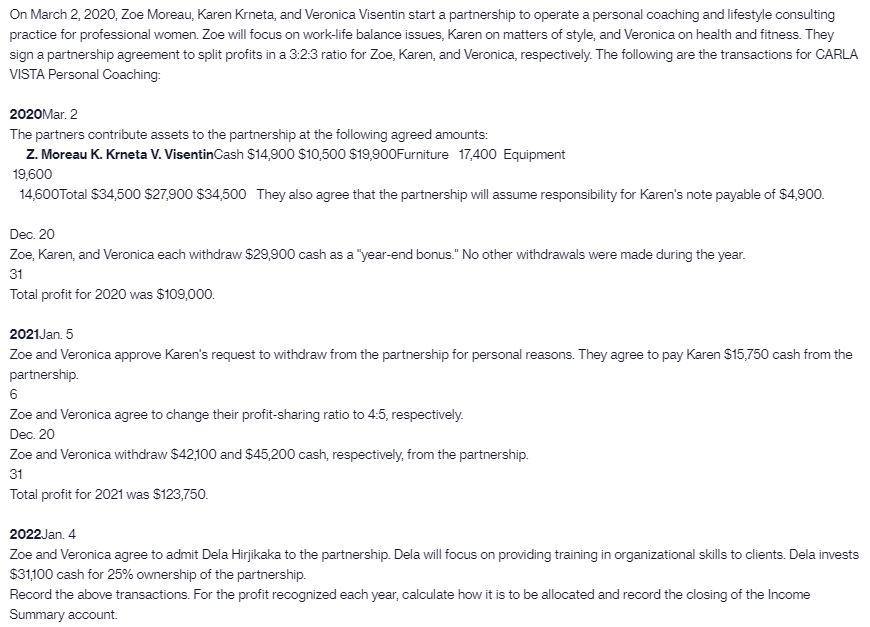 On March 2, 2020, Zoe Moreau, Karen Krneta, and Veronica Visentin start a partnership to operate a personal coaching and lifestyle consulting
practice for professional women. Zoe will focus on work-life balance issues, Karen on matters of style, and Veronica on health and fitness. They
sign a partnership agreement to split profits in a 3:23 ratio for Zoe, Karen, and Veronica, respectively. The following are the transactions for CARLA
VISTA Personal Coaching:
2020Mar. 2
The partners contribute assets to the partnership at the following agreed amounts:
Z. Moreau K. Krneta V. VisentinCash S14,900 $10,500 $19,900Furniture 17,400 Equipment
19,600
14,600Total $34,500 $27,900 $34,500 They also agree that the partnership will assume responsibility for Karen's note payable of S4,900.
Dec. 20
Zoe, Karen, and Veronica each withdraw $29,900 cash as a "year-end bonus." No other withdrawals were made during the year.
31
Total profit for 2020 was $109,000.
2021Jan. 5
Zoe and Veronica approve Karen's request to withdraw from the partnership for personal reasons. They agree to pay Karen $15,750 cash from the
partnership.
6
Zoe and Veronica agree to change their profit-sharing ratio to 4:5, respectively.
Dec. 20
Zoe and Veronica withdraw $42,100 and $45,200 cash, respectively, from the partnership.
31
Total profit for 2021 was $123,750.
2022Jan. 4
Zoe and Veronica agree to admit Dela Hirjikaka to the partnership. Dela will focus on providing training in organizational skills to clients. Dela invests
$31,100 cash for 25% ownership of the partnership.
Record the above transactions. For the profit recognized each year, calculate how it is to be allocated and record the closing of the Income
Summary account.
