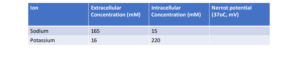 Extracellular
Nernst potential
(370C, mV)
lon
Intracellular
Concentration (mM)
Concentration (mM)
Sodium
165
15
Potassium
16
220
