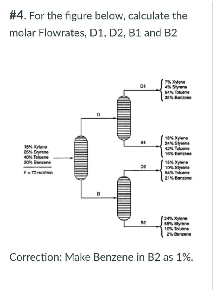 #4. For the figure below, calculate the
molar Flowrates, D1, D2, B1 and B2
15% Xylene
25% Styrene
40% Toluene
20% Benzene
F = 70 mov/min
D1
81
02
B2
7% Xylene
4% Styrene
54% Toluene
35% Benzene
18% Xylene
24% Styrene
42% Toluene
16% Benzene
15% Xylene
10% Styrene
54% Toluene
21% Benzene
24% Xylene
65% Styrene
10% Toluene
2% Benzene
Correction: Make Benzene in B2 as 1%.