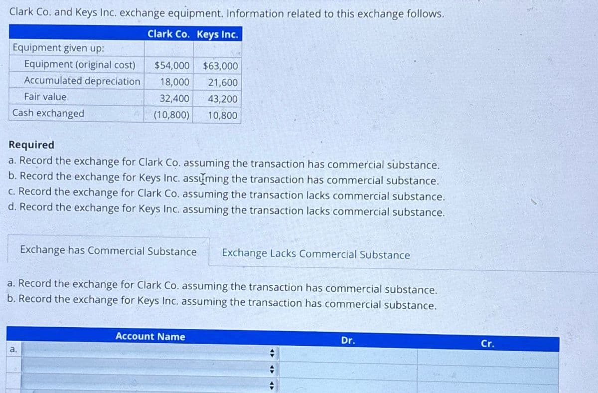 Clark Co. and Keys Inc. exchange equipment. Information related to this exchange follows.
Equipment given up:
Clark Co. Keys Inc.
Accumulated depreciation
Equipment (original cost)
$54,000 $63,000
18,000 21,600
32,400 43,200
(10,800) 10,800
Fair value
Cash exchanged
Required
a. Record the exchange for Clark Co. assuming the transaction has commercial substance.
b. Record the exchange for Keys Inc. assuming the transaction has commercial substance.
c. Record the exchange for Clark Co. assuming the transaction lacks commercial substance.
d. Record the exchange for Keys Inc. assuming the transaction lacks commercial substance.
Exchange has Commercial Substance
Exchange Lacks Commercial Substance
a. Record the exchange for Clark Co. assuming the transaction has commercial substance.
b. Record the exchange for Keys Inc. assuming the transaction has commercial substance.
a.
Account Name
Dr.
Cr.