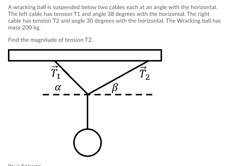 A wracking ball is suspended below two cables each at an angle with the horizontal.
The left cable has tension T1 and angle 38 degrees with the horizontal. The right
cable has tension T2 and angle 30 degrees with the horizontal. The Wracking ball has
mass 200 kg.
Find the magnitude of tension T2.
T2
1
Vour Ancwori
