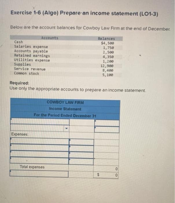 Exercise 1-6 (Algo) Prepare an income statement (LO1-3)
Below are the account balances for Cowboy Law Firm at the end of December
Accounts
Cash
Salaries expense
Accounts payable
Retained earnings
Utilities expense
Supplies
Service revenue
Common stock
Expenses:
COWBOY LAW FIRM
Income Statement
For the Period Ended December 31
Balances
$4,500
1,750
2,500
4,350
Required:
Use only the appropriate accounts to prepare an income statement.
Total expenses
$
1,200
12,900
es
8,400
5,100
0