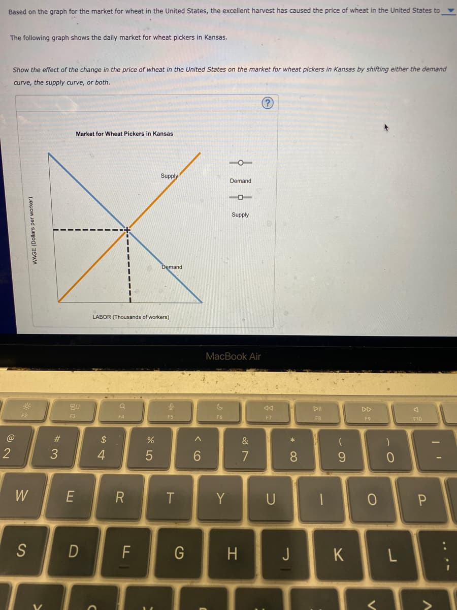 Based on the graph for the market for wheat in the United States, the excellent harvest has caused the price of wheat in the United States to
The following graph shows the daily market for wheat pickers in Kansas.
Show the effect of the change in the price of wheat in the United States on the market for wheat pickers in Kansas by shifting either the demand
curve, the supply curve, or both.
WAGE (Dollars per worker)
Market for Wheat Pickers in Kansas
@
2
(?)
Supply
Demand
Demand
LABOR (Thousands of workers)
F2
go
F3
F4
$4
#3
W
E
S
>
D
15
%
ロー
Supply
MacBook Air
F5
F6
1>
6
&
27
বর
F7
R
T
Y
U
C
DII
DD
F8
F9
*
(
)
8
9
0
―
O
✓
F10
பட
F
G
H
J
K
L
P
<
>
