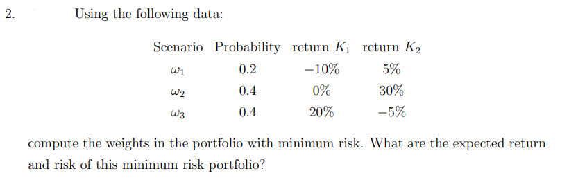 Using the following data:
Scenario Probability return K1 return K2
0.2
-10%
5%
W2
0.4
0%
30%
W3
0.4
20%
-5%
compute the weights in the portfolio with minimum risk. What are the expected return
and risk of this minimum risk portfolio?
