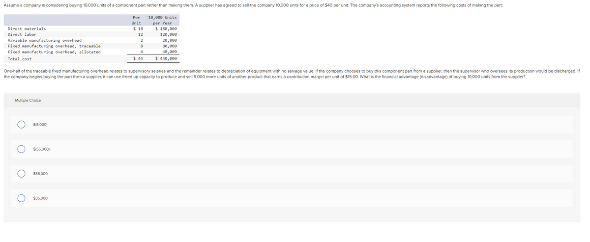 Assume a company is considering buying 10,000 units of a component part rather than making them. A supplier has agreed to sell the company 10,000 units for a price of $40 per unit. The company's accounting system reports the following costs of making the part:
Per
10,000 Units
Unit
per Year
Direct materials
$ 18
$ 180,000
Direct labor
12
120,000
Variable manufacturing overhead
Fixed manufacturing overhead, traceable
2
20,000
8
80,000
Fixed manufacturing overhead, allocated
4
40,000
Total cost
$ 44
$ 440,000
One-half of the traceable fixed manufacturing overhead relates to supervisory salaries and the remainder relates to depreciation of equipment with no salvage value. If the company chooses to buy this component part from a supplier, then the supervisor who oversees its production would be discharged. If
the company begins buying the part from a supplier, it can use freed up capacity to produce and sell 5,000 more units of another product that earns a contribution margin per unit of $15.00. What is the financial advantage (disadvantage) of buying 10,000 units from the supplier?
Multiple Choice
$(5,000)
$(55,000)
$55,000
$35,000
