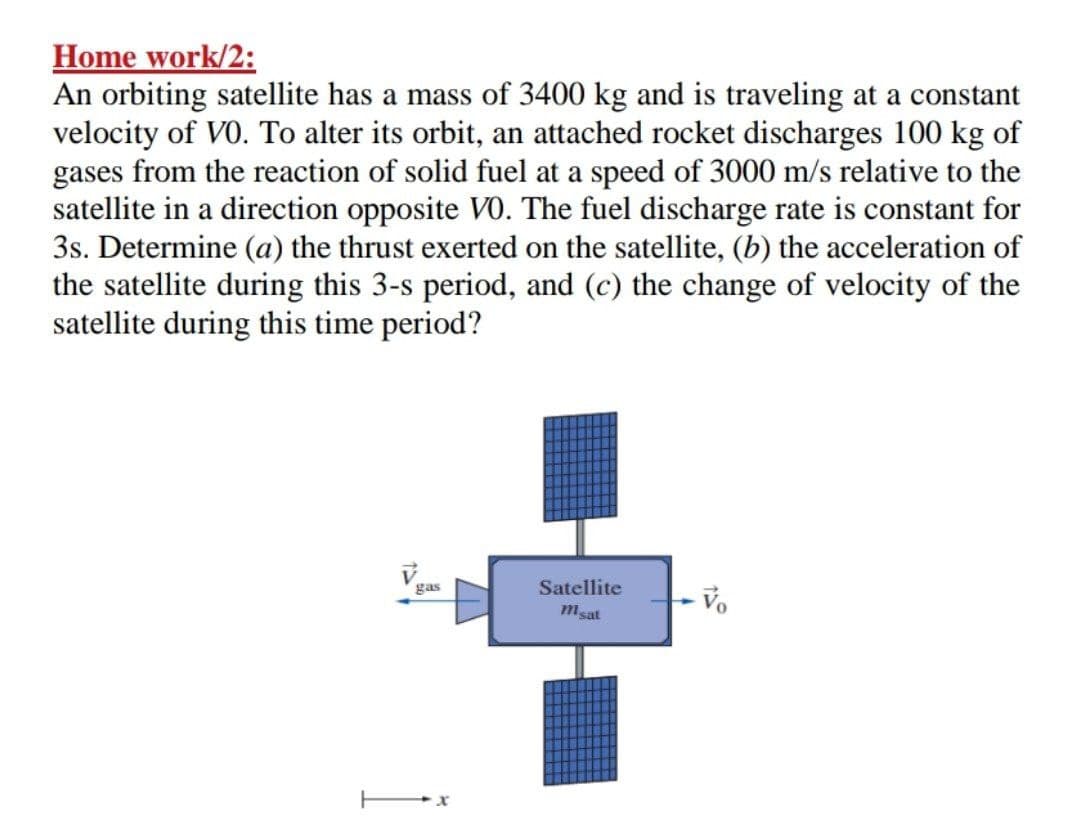 Home work/2:
An orbiting satellite has a mass of 3400 kg and is traveling at a constant
velocity of VO. To alter its orbit, an attached rocket discharges 100 kg of
gases from the reaction of solid fuel at a speed of 3000 m/s relative to the
satellite in a direction opposite VO. The fuel discharge rate is constant for
3s. Determine (a) the thrust exerted on the satellite, (b) the acceleration of
the satellite during this 3-s period, and (c) the change of velocity of the
satellite during this time period?
gas
Satellite
msat
