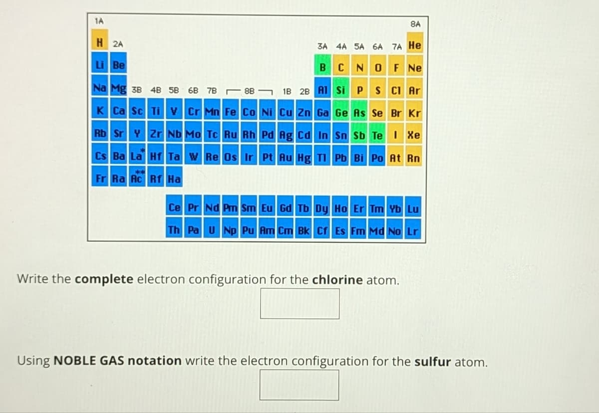 H2A
8A
3A 4A 5A 6A 7A He
B
CNOF Ne
Cl Ar
1B 2B Al Si P S
Cu Zn Ga Ge As Se Br Kr
Li Be
Na Mg 38 4B 5B 6B 7B88-
K Ca Sc Ti V Cr Mn Fe Co Ni
Zr Nb Mo Tc Ru Rh Pd Ag Cd In Sn Sb Te I Xe
Rb Sr Y
Cs Ba La Hf Ta W Re Os Ir Pt Au Hg Tl Pb Bi Po At Rn
Fr Ra Ac Rf Ha
Ce Pr Nd Pm Sm Eu Gd Tb Dy Ho Er Tm Yb Lu
Am Cm Bk Cf Fm Md No Lr
Th Pa U Np
Write the complete electron configuration for the chlorine atom.
Using NOBLE GAS notation write the electron configuration for the sulfur atom.
