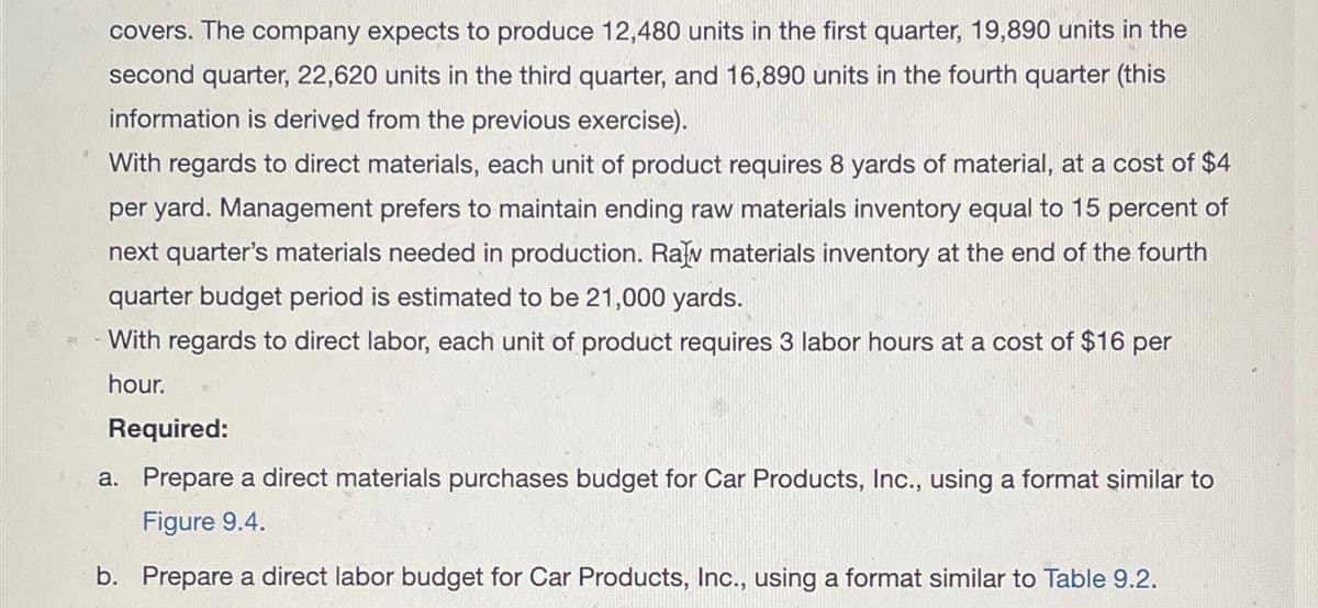 covers. The company expects to produce 12,480 units in the first quarter, 19,890 units in the
second quarter, 22,620 units in the third quarter, and 16,890 units in the fourth quarter (this
information is derived from the previous exercise).
With regards to direct materials, each unit of product requires 8 yards of material, at a cost of $4
per yard. Management prefers to maintain ending raw materials inventory equal to 15 percent of
next quarter's materials needed in production. Raw materials inventory at the end of the fourth
quarter budget period is estimated to be 21,000 yards.
With regards to direct labor, each unit of product requires 3 labor hours at a cost of $16 per
hour.
Required:
a. Prepare a direct materials purchases budget for Car Products, Inc., using a format similar to
Figure 9.4.
b. Prepare a direct labor budget for Car Products, Inc., using a format similar to Table 9.2.