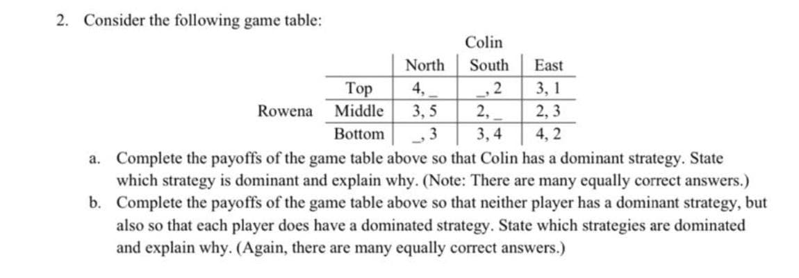 2. Consider the following game table:
Rowena
Top
Middle
Bottom
North
4,
3,5
3
Colin
South
2
2,
3,4
East
3, 1
2,3
4,2
a. Complete the payoffs of the game table above so that Colin has a dominant strategy. State
which strategy is dominant and explain why. (Note: There are many equally correct answers.)
Complete the payoffs of the game table above so that neither player has a dominant strategy, but
also so that each player does have a dominated strategy. State which strategies are dominated
and explain why. (Again, there are many equally correct answers.)
b.