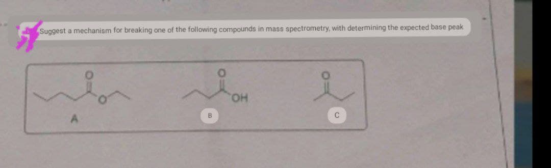 Suggest a mechanism for breaking one of the following compounds in mass spectrometry, with determining the expected base peak
B
OH