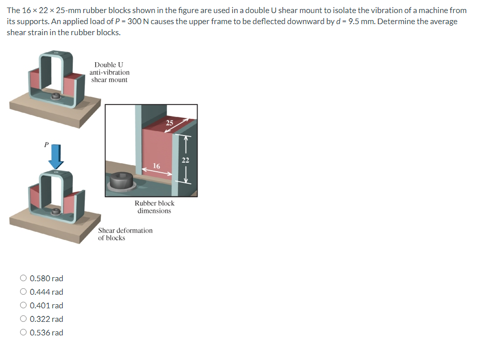 The 16 x 22 x 25-mm rubber blocks shown in the figure are used in a double U shear mount to isolate the vibration of a machine from
its supports. An applied load of P = 300 N causes the upper frame to be deflected downward by d = 9.5 mm. Determine the average
shear strain in the rubber blocks.
0.580 rad
0.444 rad
O 0.401 rad
O 0.322 rad
O 0.536 rad
Double U
anti-vibration
shear mount
16
Shear deformation
of blocks
25
Rubber block
dimensions
KBA