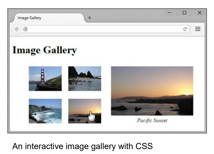 Image Gallery
Image Gallery
Pacific Sunset
An interactive image gallery with CSS
с
X
III