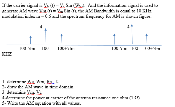 If the carrier signal is Ve (t) = Ve Sin (Wst). And the information signal is used to
generate AM wave Vm (t) = Vm Sin (t), the AM Bandwidth is equal to 10 KHz,
modulation indexm = 0.6 and the spectrum frequency for AM is shown figure:
4
4
-100-5fm -100 -100+5fm
100-5fm 100 100+5fm
KHZ
1- determine Wc., Wm, fm, fe
2- draw the AM wave in time domain
3. determine Vm. Vc.
4-determine the power at carrier of the antenna resistance one ohm (1 2)
5- Write the AM equation with all values.
