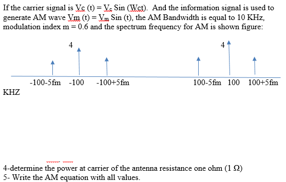 If the carrier signal is Vs (t) = Ve Sin (Wst). And the information signal is used to
generate AM wave Vm (t) = Vm Sin (t), the AM Bandwidth is equal to 10 KHz,
modulation index m = 0.6 and the spectrum frequency for AM is shown figure:
4
41
-100-5fm -100
-100+5fm
100-5fm 100 100+5fm
KHZ
4-determine the power at carrier of the antenna resistance one ohm (1 2)
5- Write the AM equation with all values.
