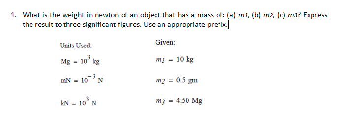 1. What is the weight in newton of an object that has a mass of: (a) mı, (b) m2, (c) m3? Express
the result to three significant figures. Use an appropriate prefix.
Given:
Units Used:
Mg = 10° kg
m1 = 10 kg
mN =
10 N
m2 = 0.5 gm
kN = 10° N
m3 = 4.50 Mg
